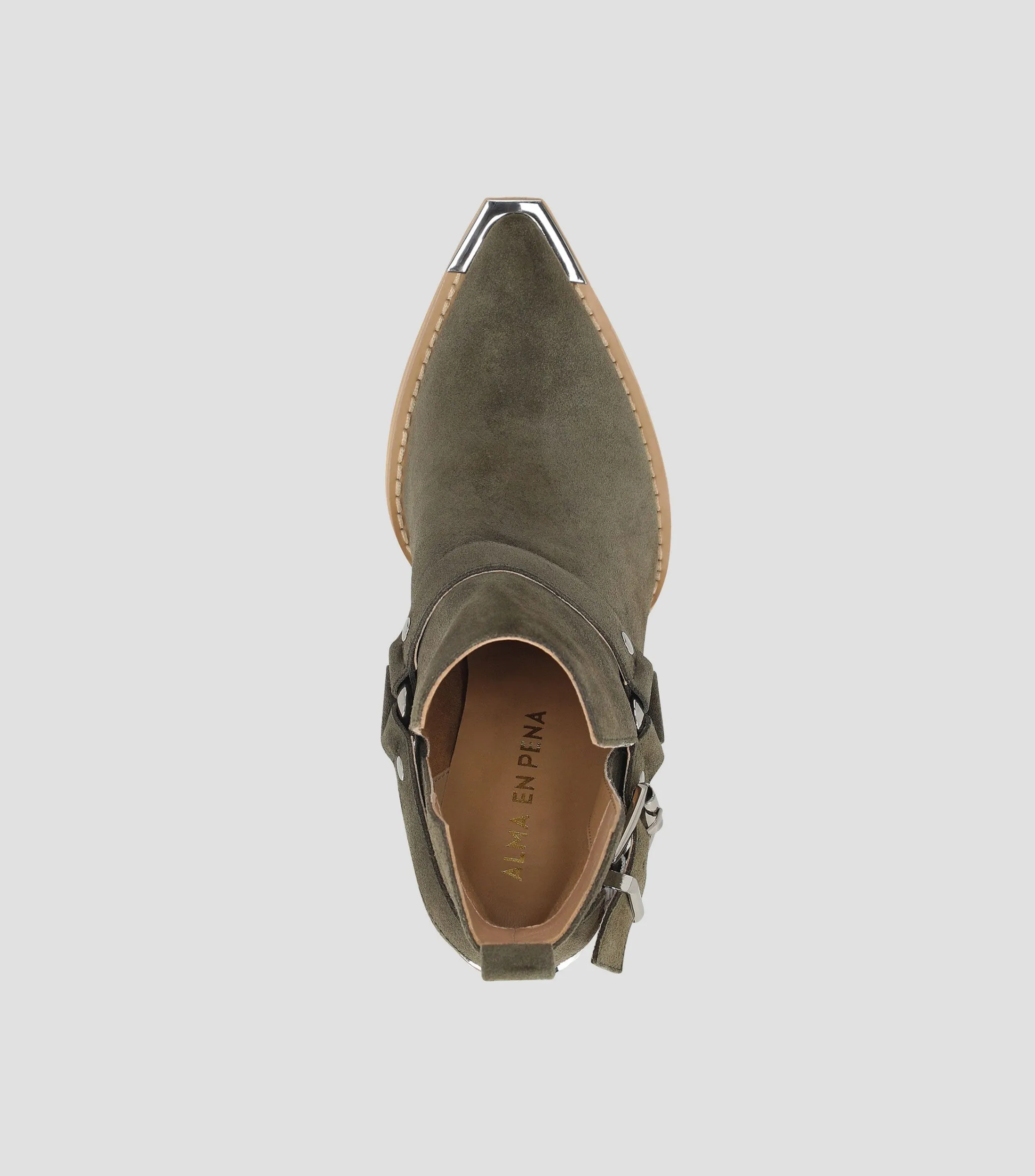 Alma en Pena Botines vaqueros en piel suede con tacón alto de media luna y hebilla Mujer