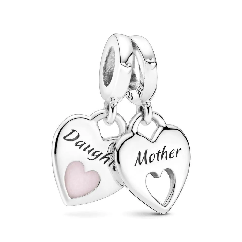 Corazones de Madre e hija colgante partido de plata de ley con esmalte rosa brillante