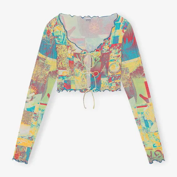 GANNI Printed Rib Jersey Cropped Blouse