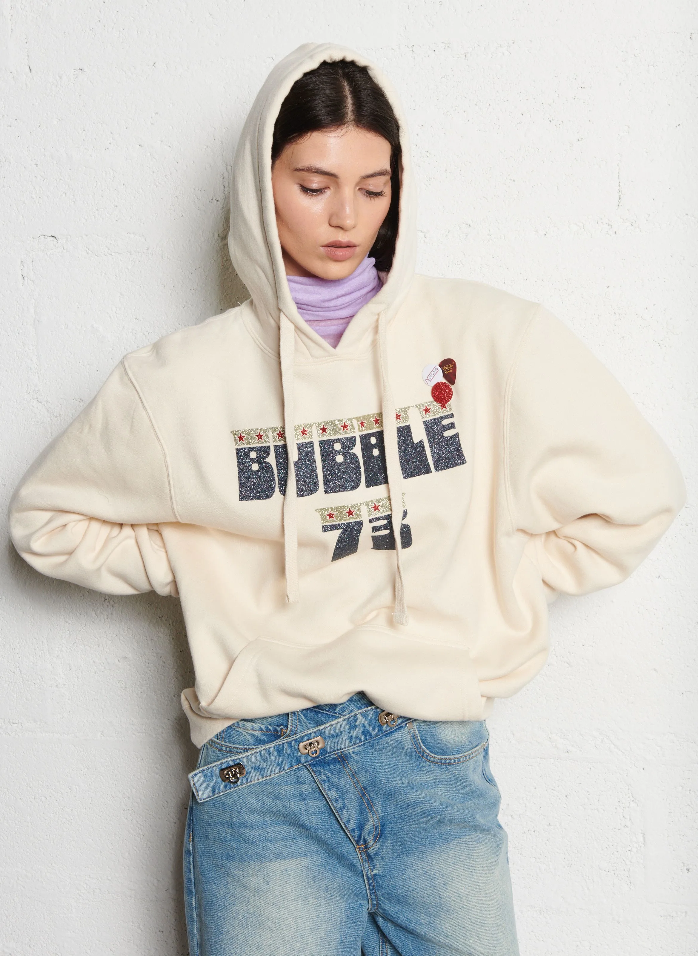 JAGGER BUBBLE - Sudadera holgada con capucha serigrafiada en mezcla de algodón en beige