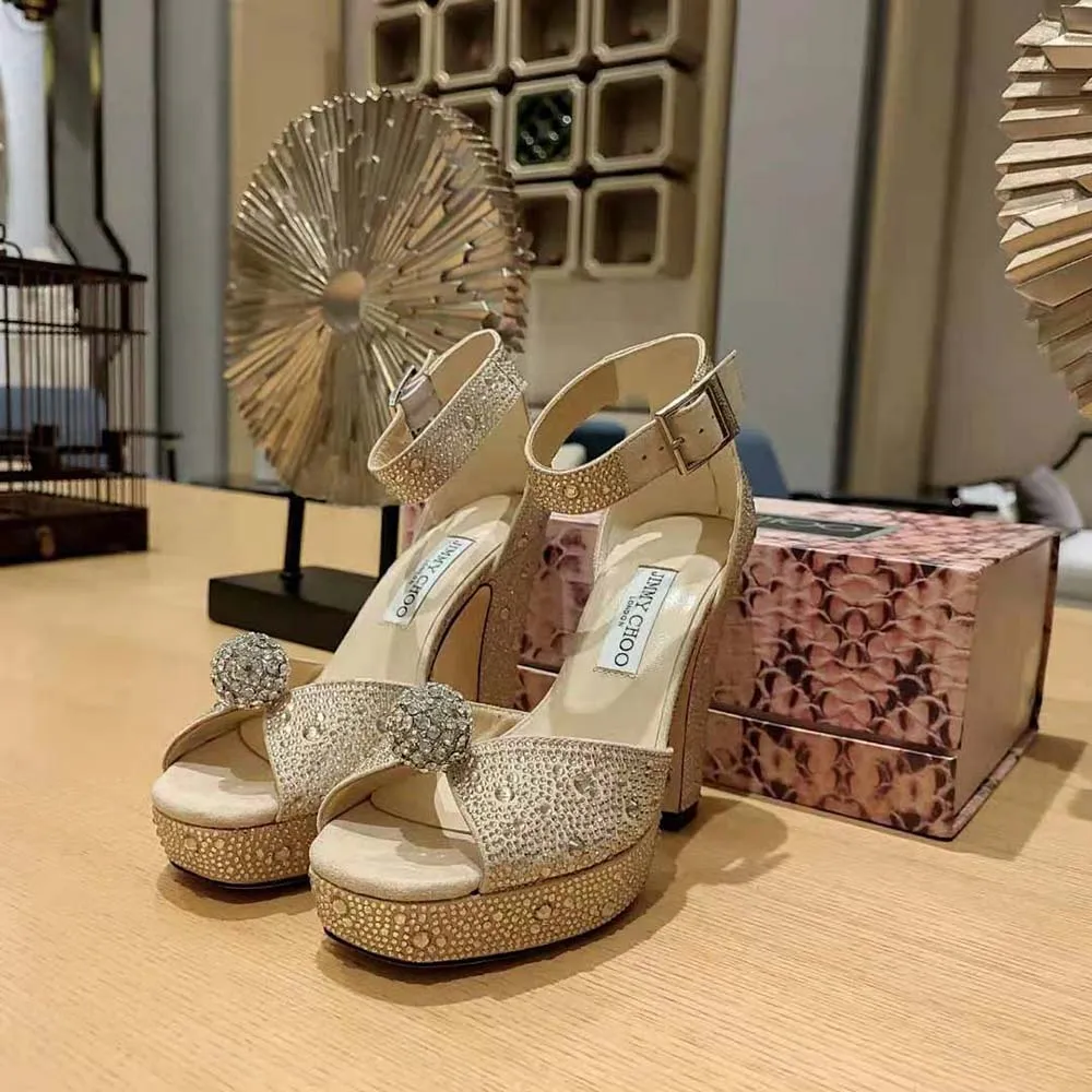 Jimmy Choo Mujer Socorie 120 Sandalias de plataforma de ante dorado miel con cristales