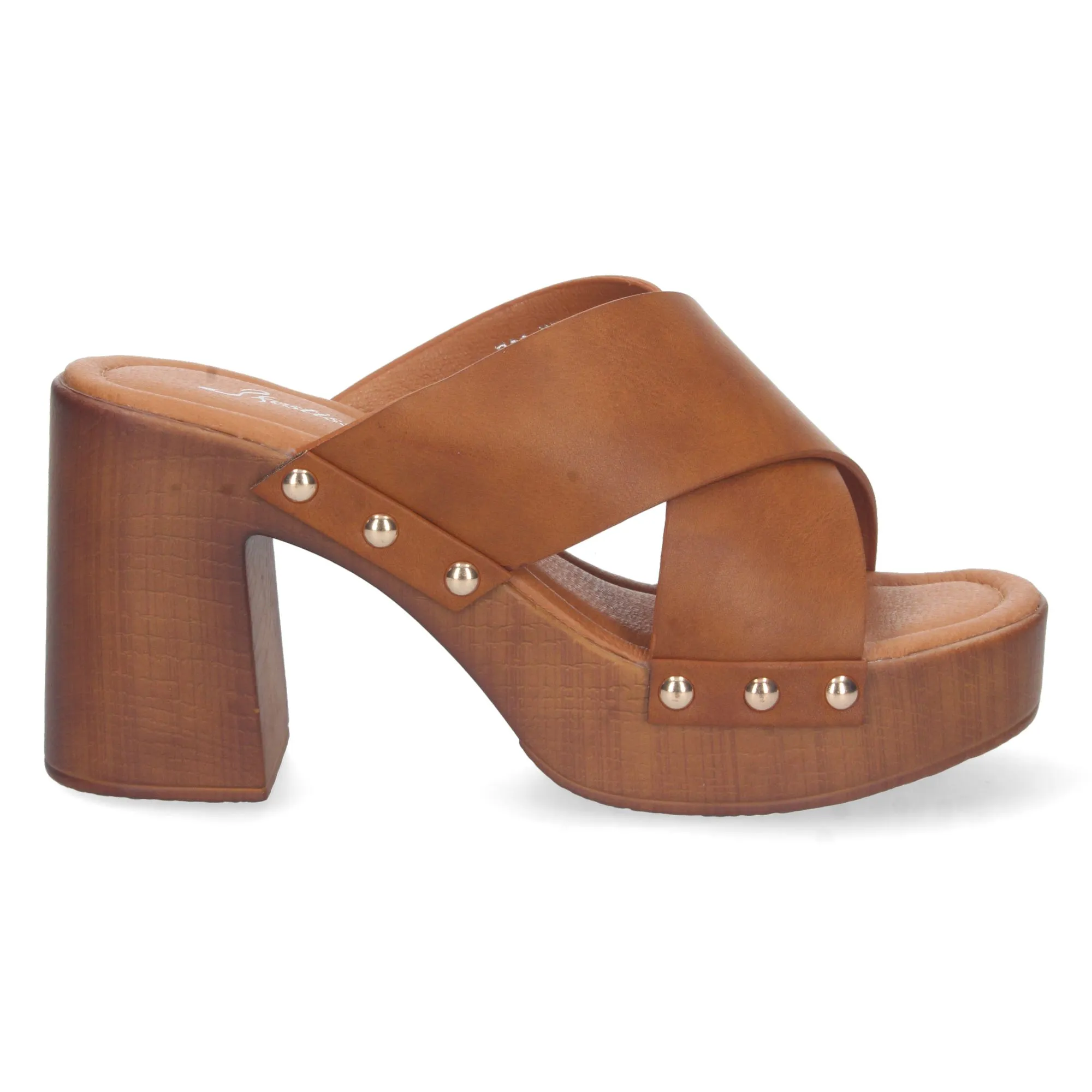Sandalias de tacón estilo zuecos pala cruzada mujer color camel