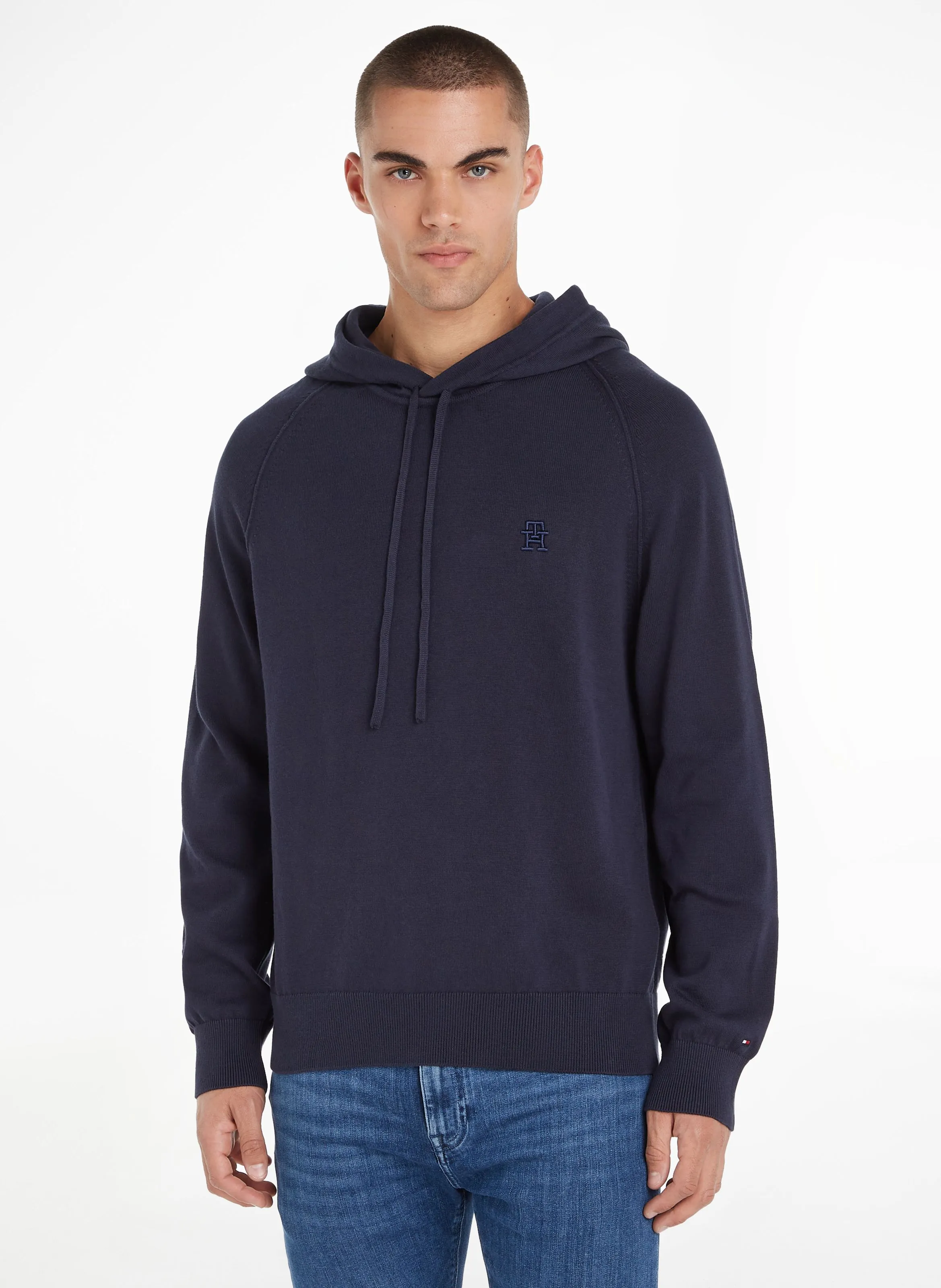 Sudadera bordada de algodón orgánico con capucha en azul